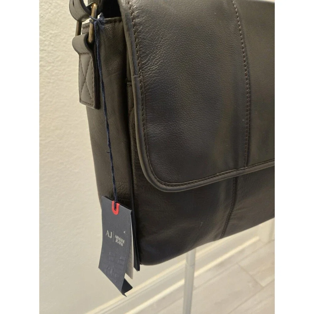 ​Armani Jeans OS Black Leather Flap Messenger Shoulder Crossbody Bag Unisex NWT